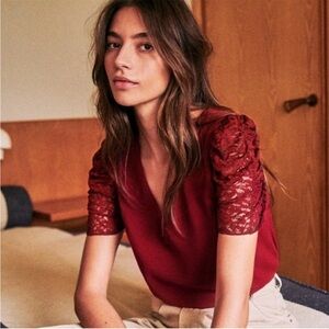 Sezane Colette Elegant Red Lace Sleeve Burgundy Women's Top